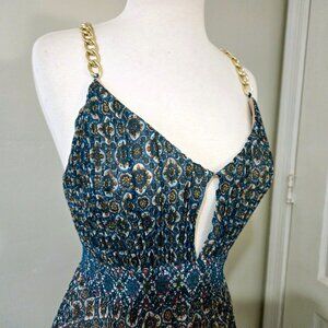 Alice + Olivia Gloria Gold Chain Straps Pleated Boho Maxi Dress Size 0